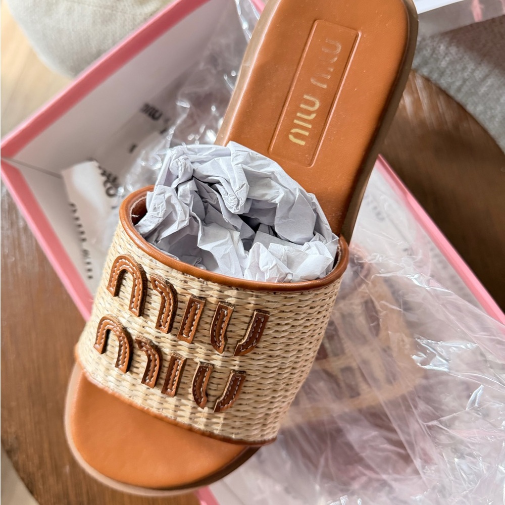 Miu Beige Woven Slide Sandals